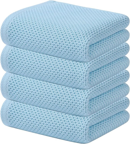 Kitinjoy 100% Cotton Waffle Weave Kitchen Hand Towels (13 X 28 Inches, Sky Blue), 4-Pack Super Soft and Absorbent Dish Towel for Drying Dishes