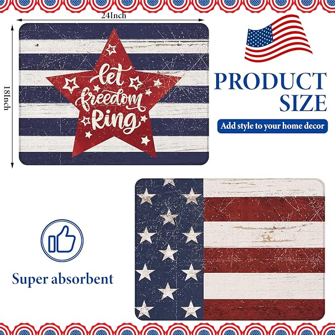 SiliFine 2 Pcs Memorial Day Dish Drying Mat for Kitchen 18 x 24 Inch 4th of July 250th Anniversary USA Patriotic Red White Blue Independence Day Star Microfiber Drainer Mat for Countertop