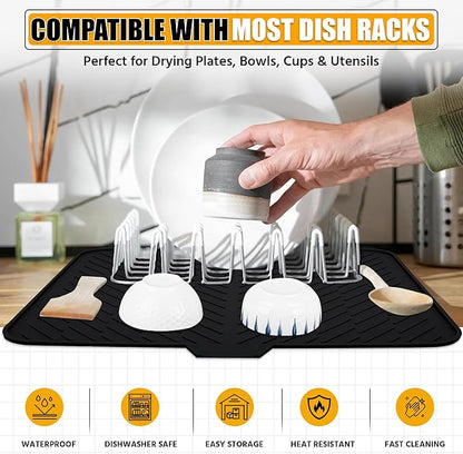 Luxet Silicone Dish Drying Mat with Built-in Drain Lip - Hygienic Drying Pad - Sturdy Compact Easy to Clean Tray Protects Surfaces Prevents Water Build Up - 23 X 17 (Black)