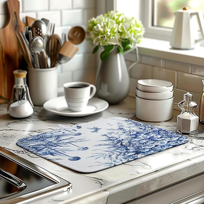 Christmas Tree Dish Drying Mat for Kitchen Counter 16x18 Inch Blue White Chinoiserie Winter Xmas Holiday Drying Mats Microfiber Absorbent Dish Draining Reusable Dish Drainer Pad