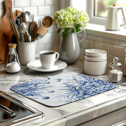 Christmas Tree Dish Drying Mat for Kitchen Counter 16x18 Inch Blue White Chinoiserie Winter Xmas Holiday Drying Mats Microfiber Absorbent Dish Draining Reusable Dish Drainer Pad