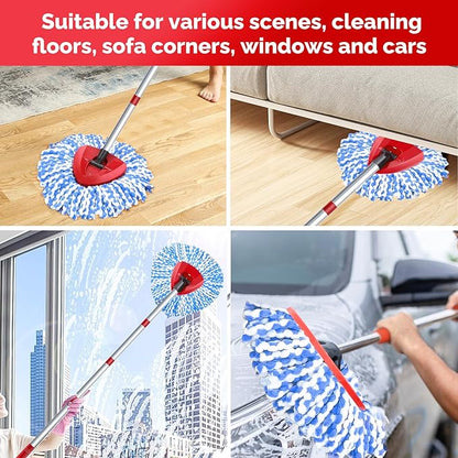 Spin Mop Head, Base, Handle Replacement for O-Ceda RinseClean 2 Tank System,4 Microfiber Mop Refills, 1 Base and 30-58in Handl Set Combo (Blue 2 Tank System)