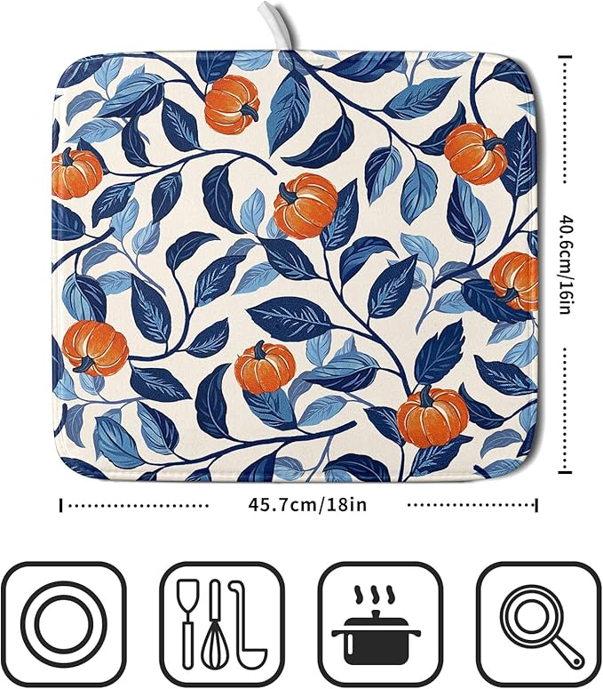 Autumn Pumpkin Dish Drying Mat for Kitchen Counter 16x18 Inch Blue and Orange Fall Thanksgiving Leaf Absorbent Reversible Microfiber Dish Drainer Rack Mats Countertops Protector Mat
