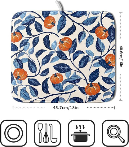 Autumn Pumpkin Dish Drying Mat for Kitchen Counter 16x18 Inch Blue and Orange Fall Thanksgiving Leaf Absorbent Reversible Microfiber Dish Drainer Rack Mats Countertops Protector Mat