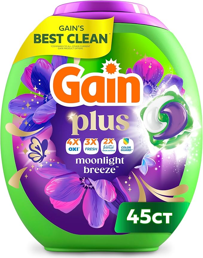 Gain Plus Flings Liquid Laundry Detergent Pods, Gain's Best Clean, All-In-One Pacs, Moonlight Breeze Scent, 45-Count
