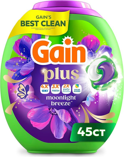Gain Plus Flings Liquid Laundry Detergent Pods, Gain's Best Clean, All-In-One Pacs, Moonlight Breeze Scent, 45-Count