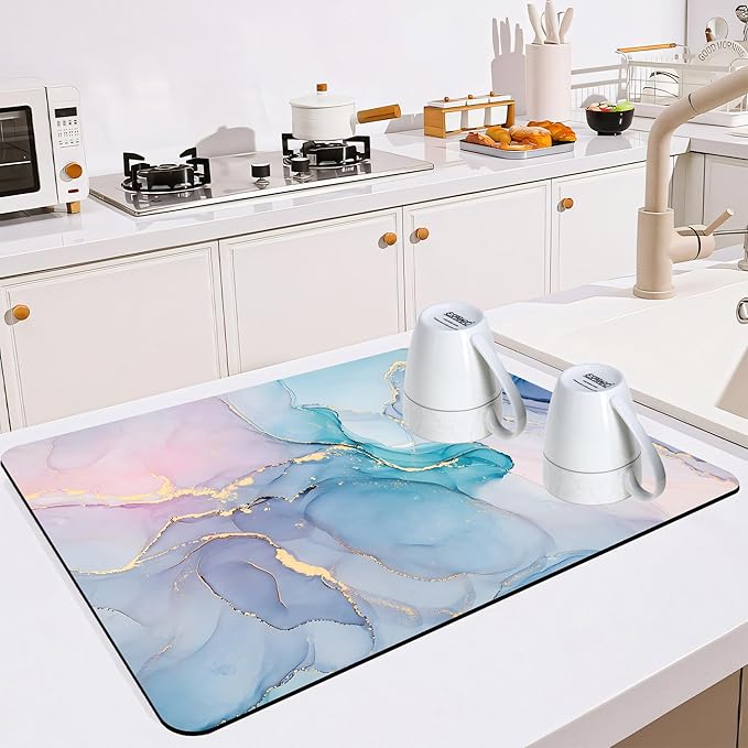 Dish Drying Mat for Multiple Usage. Super Absorbent, Easy clean, Quick dry, Cocina Accesorios for Kitchen Counter or Faucet Sink, Coffee bar, Refrigerator or Air fryer liners, 1 Pack Colorful Marble