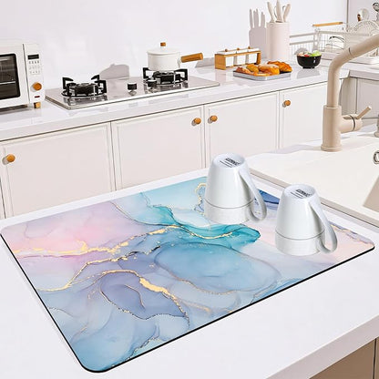 Dish Drying Mat for Multiple Usage. Super Absorbent, Easy clean, Quick dry, Cocina Accesorios for Kitchen Counter or Faucet Sink, Coffee bar, Refrigerator or Air fryer liners, 2 Pack Colorful Marble