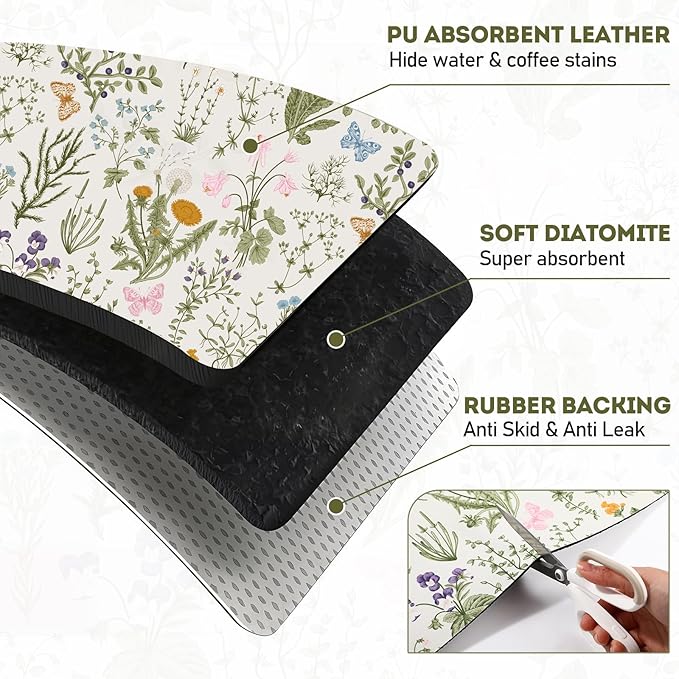 LemonRoad Dish Drying Mat for Kitchen Counter, 12"x20" Absorbent Coffee Bar Mat with Spring Floral Design, Fast-dry Diatomite Drainer Drying Mats with Non-slip Backing for Kitchen Sink Countertop