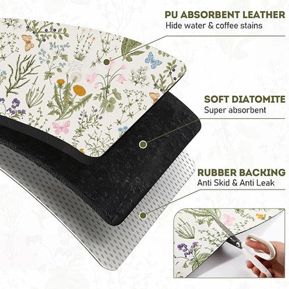 LemonRoad Dish Drying Mat for Kitchen Counter, 12"x20" Absorbent Coffee Bar Mat with Spring Floral Design, Fast-dry Diatomite Drainer Drying Mats with Non-slip Backing for Kitchen Sink Countertop