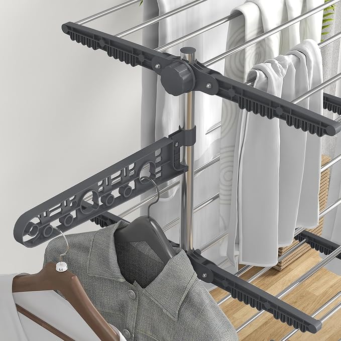 HOMCOM Folding Clothes Airer in Stainless Steel and Plastic, Space-Saving Vertical Drying Rack with 6 Wheels, Hooks and 4 Adjustable Shelves for Indoors, 142 x 55 x 172 cm, Silver Grey