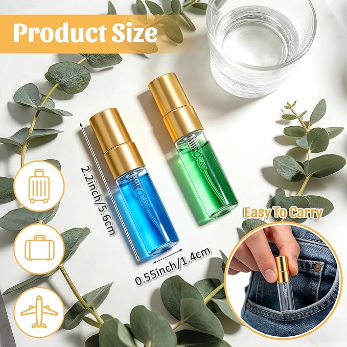 Esoes 30 Pcs Mini Perfume Spray Bottles 3ml, Clear Spray Bottle Refillable Fine Mist Atomizer, Glass Perfume Bottles Portable Empty Sample Containers for Cleaning, Essential Oils, Travel – Gold Cap