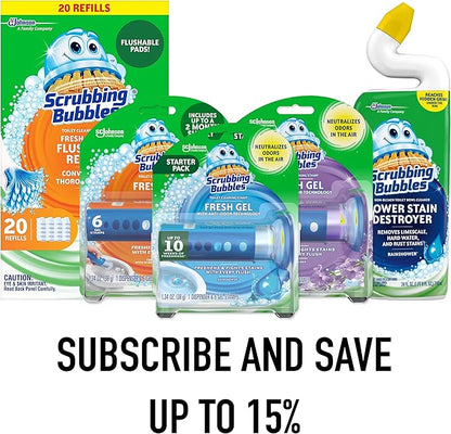 Scrubbing Bubbles Fresh Brush Toilet Bowl Brush and Holder with Toilet Cleaner Refill Pads & Gel Stamps, Cleans Limescale & Fights Odors, Citrus Scent, Includes Starter Kit + 20 Refills + 6 Gel Stamps