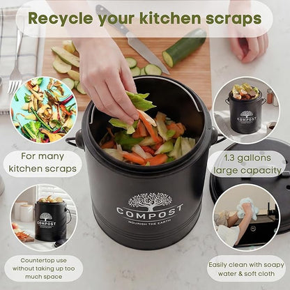 Perfnique Kitchen Compost Bin, 1.3 Gallon Countertop Compost Bin with Lid, Indoor Compost Bucket Includes Inner Bucket Liner and Carbon Filter, Small Compost Bin with Trash Bags (with Bags, Black)