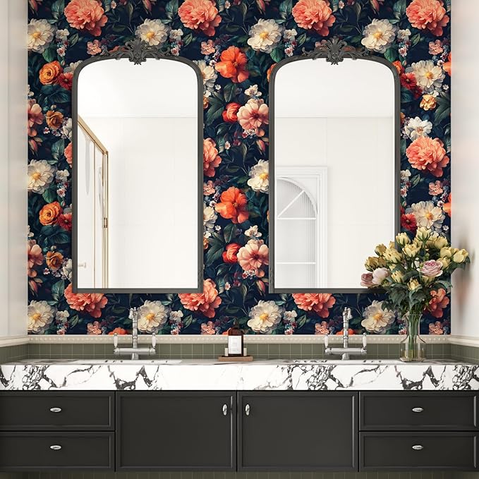 Vintage Black Floral Wallpaper, Retro Dark Colorful Flower Self Adhesive Contact Paper for Cabinet Bathroom Powder Room, Vinyl Moody Boho Botanical Flower Design Accent Wall Art 17.5In x 118In