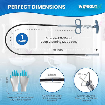 Drain Snake, 79 Inch Drain Clog Remover Tool with pair of Reusable Gloves – Flexible Grabber Claw Hair Drain Cleaner for Sink, Shower, Tub, Toilet, Bathroom & Kitchen Pipes
