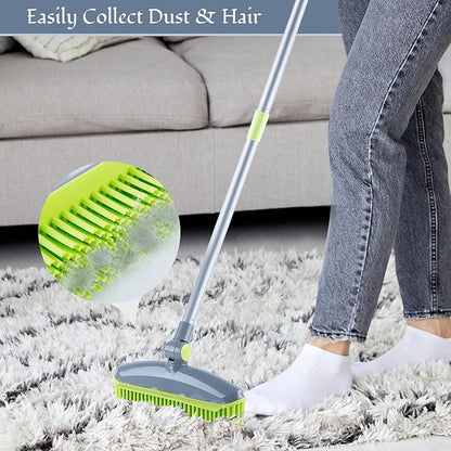 180°Rotating Head Rubber Broom with Squeegee for Pet Hair Removal - 51" Iron Handle Fur Remover Rake Brush for Carpet, Hardwood & Tile Floors, Includes Pet Hair Removal Gloves (Green)