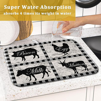 Farmhouse Animal Dish Drying Mat Buffalo Plaid Drainer Rack Mats Fast Dry Absorbent Kitchen Countertop Protector Dishes Pad 16x18 Inch