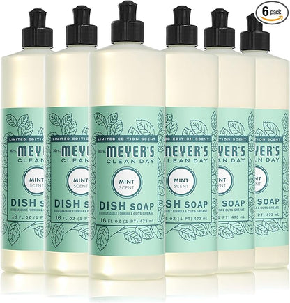 MRS. MEYER'S CLEAN DAY Liquid Dish Soap, Biodegradable Formula, Limited Edition Mint, 16 fl. oz - Pack of 6