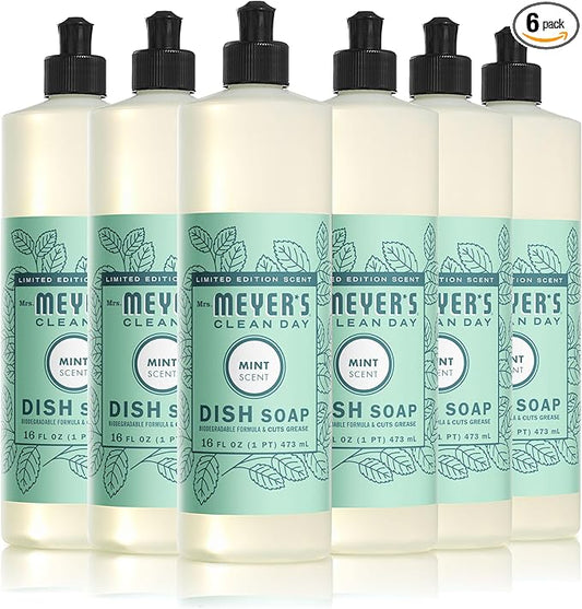 MRS. MEYER'S CLEAN DAY Liquid Dish Soap, Biodegradable Formula, Limited Edition Mint, 16 fl. oz - Pack of 6