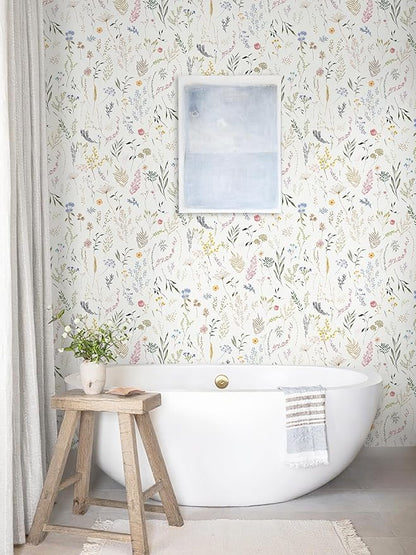 Dimoon 393"x16.1" Floral Peel and Stick Wallpaper Beige Contact Paper Thicken Wallpaper Delicate Flower Waterproof Green Leaf White Self Adhesive Removable Wall Paper Shelf Liner Decal Vinyl Roll
