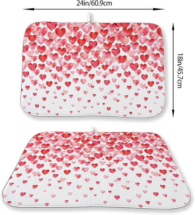 Valentines Dish Drying Mat 18x24 Inch Watercolor Red Pink Love Hearts Drying Mat Anniversary Day Holiday Absorbent Dish Drying Pad Dish Rack Drainer Mats for Kitchen Dining Counter