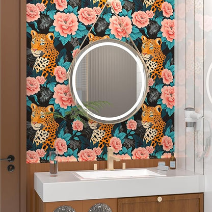 Fvlow Pink Floral Wallpaper Peel and Stick Leopard Jungle Contact Paper Wall Paper Waterproof Self-Adhesive Wall Covering for Bedroom Countertop Desk Cabinets Decor Renter Friendly 17.4" x 118"