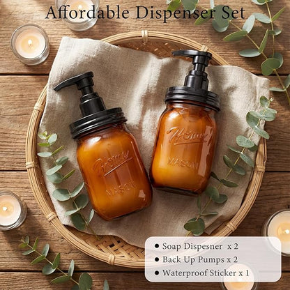 Amolliar Plastic Mason Jar Soap Dispenser with Pump Lid,16OZ Refillable Hand Soap Dispenser Set with Cute Lables - Farmhouse Decor for Kitchen Bathroom, Liquid Soap, Dish Soap, Lotion (2 Pack, Amber)