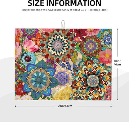 Boho Floral Dish Drying Mat for Kitchen Counter, 18 x 24 Inch Microfiber Dish Mats for Drying Dishes, Absorbent Dish Drying Pad Mandala Rack Mat Kitchen Decor Dish