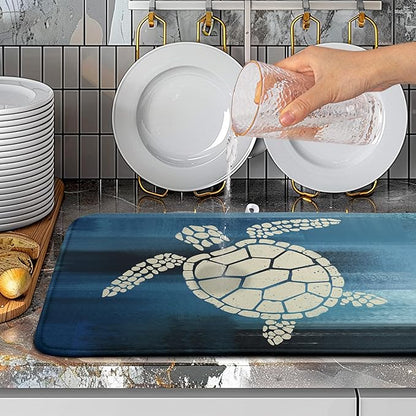 Sea Turtle Dish Drying Mats for Kitchen Counter 18x24 Inch Summer Ocean Animal Microfiber Absorbent Dish Drainer Rack Mats Navy Blue Large Dish Pad with Hanging Loop