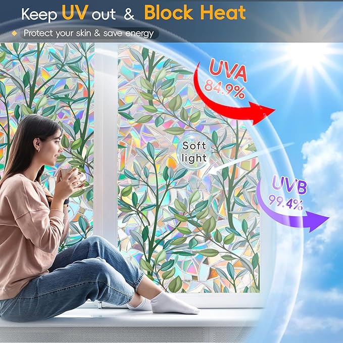 Rainbow Privacy Film with Cutting Line, 3D Decals Stained Glass Window Clings, Static Cling Window Sticker, Suncatcher - 35.4" x 157.4"