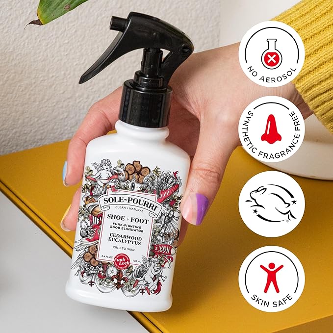 Sole-Pourri Shoe Deodorizer + Foot Spray, 3.4 Fl Oz, Up to 150 Uses, Funk-Fighting Odor Freshener with Essential Oils, for Smelly Shoes, Feet & Gym Bags, Cedarwood & Eucalyptus Scent