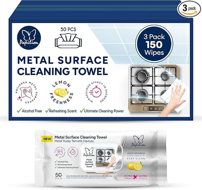 PAPILION Metal Surface Cleaning Wipes – 3 Pack x 50 Sheets | Ideal for Stainless Steel, Chrome & Aluminum | Removes Dirt, Smudges & Fingerprints | Streak-Free, Flip-Top Pack