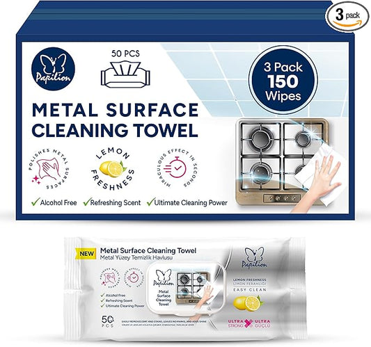 PAPILION Metal Surface Cleaning Wipes – 3 Pack x 50 Sheets | Ideal for Stainless Steel, Chrome & Aluminum | Removes Dirt, Smudges & Fingerprints | Streak-Free, Flip-Top Pack
