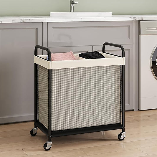 ELYKEN Laundry Hamper 2 Section, 100L Rolling Laundry Sorter with Removable Liner Bag, Laundry Basket with Wheels, Steel Frame with Metal Handle, Clothes Hamper Cart for Laundry Room & Bedroom