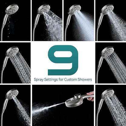 Rain Shower Head with Handheld: Foldable High Pressure Shower Heads with Handheld Spray Combo, 9 Spray Settings/Modes Hand Held Showerhead Dual Rainfall Shower Head Built-in Magnetic Docking and Jets