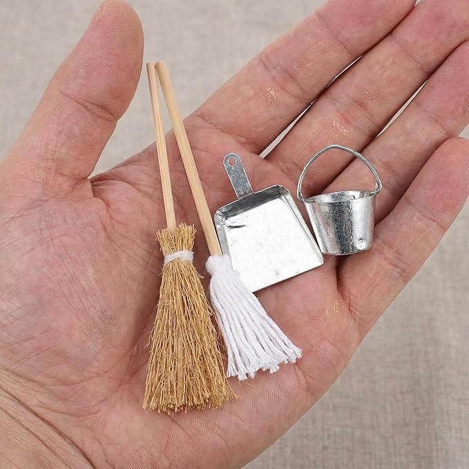 Miniature Dollhouse Cleaning Set Mini Floor Mop Bucket Broom Dustpan Models Housework Tool Decoration Accessories for DIY 1:12 Scale Fairy Garden Micro Landscape