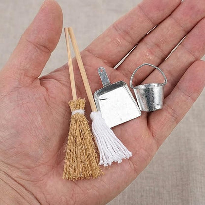 Miniature Dollhouse Cleaning Set Mini Floor Mop Bucket Broom Dustpan Models Housework Tool Decoration Accessories for DIY 1:12 Scale Fairy Garden Micro Landscape