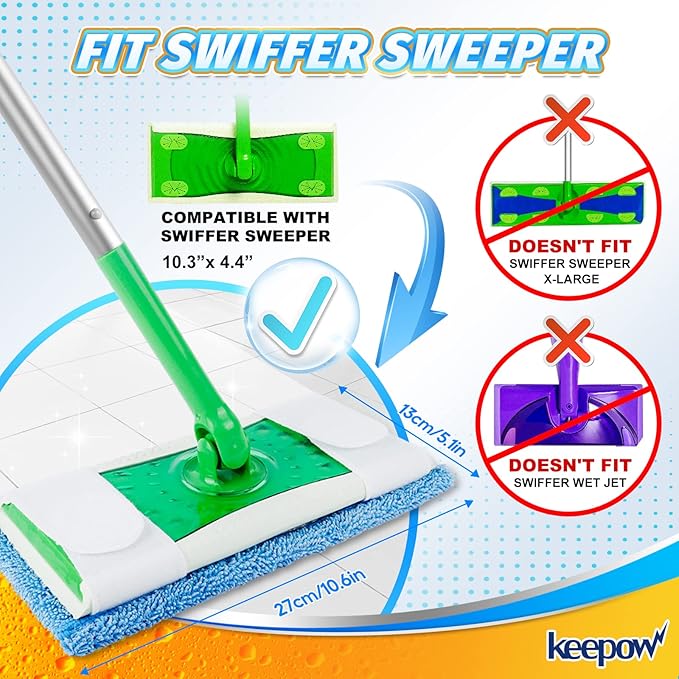 Reusable Mop Pad (UP to 100X) for Swiffer Sweeper Mop, 4 Pack 12.5'' Microfiber Mop Pad Refill Washable for Hard Floor Baseboard Cleaning, Wet/Dry Cleaning Pad