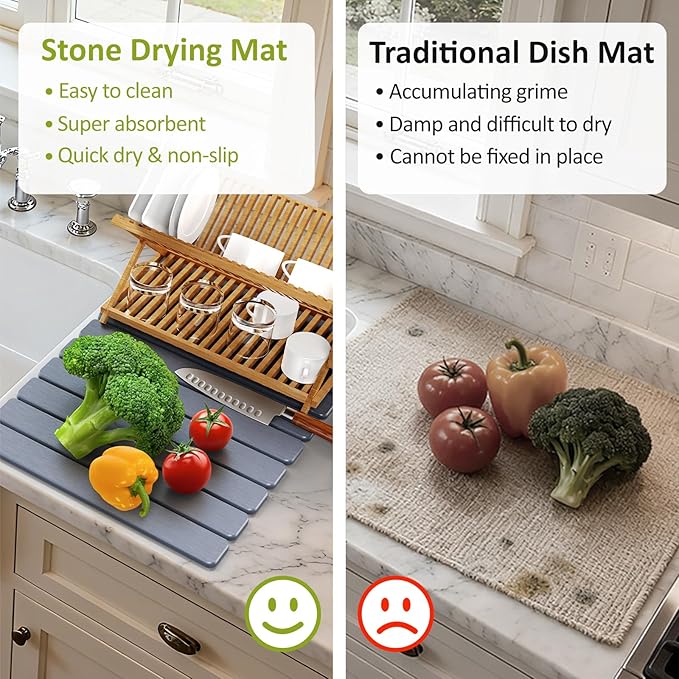 Large Stone Dish Drying Mat for Kitchen Counter, 24"(L)×16"(W), Collapsible Quick Dry Stone Dish Mats, Super Absorbent Diatomaceous Earth Drying Pad for Dishes Bottles Cups, Countertops (Black Grey)