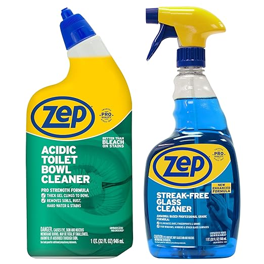 Zep Acidic Toilet Bowl Cleaner 32 oz (1 Unit) and Zep Streak-Free Glass Cleaner 32 oz (1 Unit) ECBD049 – Toilet Bowl Cleaner and Glass Cleaner for Mirrors and Bathroom Cleaning