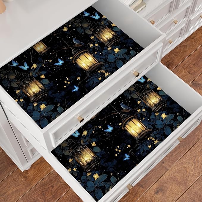 Dark Floral Peel and Stick Wallpaper, Wonderland Forest with Lighting Butterfly Self Adhesive Wallpaper for Bedroom Cubicle Drawer, Vinyl Waterproof Fantasy Contact Paper Black 17.5In x 118In