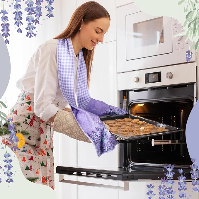 4 Pack Lavender Kitchen Scarf Boa Dish Towel Decor 4 x 68 Inch for Holiday Cooking Baking Accessories Plaid Cotton