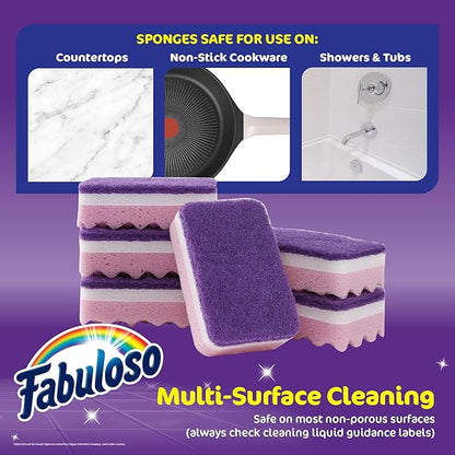 Fabuloso Scratch-Free Kitchen Dish Sponges, Purple Cellulose Scrubber Sponge with Scouring Pad for Dishes, Pots, Pans, Counters and Sinks, Tough on Messes, 4.25 x 2.75 x 1.25 in, 6 Count