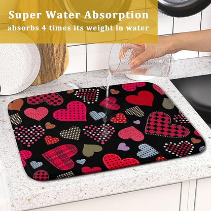 Happy Valentine's Day Black Dish Drying Mat for Kitchen Counter,Pink Love Heart Drying Mat 16 x 18 Inch with High Absorbent Microfiber Drainer Mat for Coffee Bar
