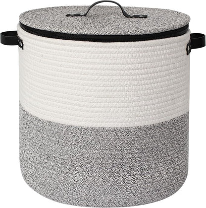 Large Basket with Lid, 18"x14" Woven Blanket Storage for Living Room, Round Cotton Rope Storage Bin with Zipper Top, Shoe Basket with Lid for Entryway, Floor Kids Dog Toy Bin Box with Cover