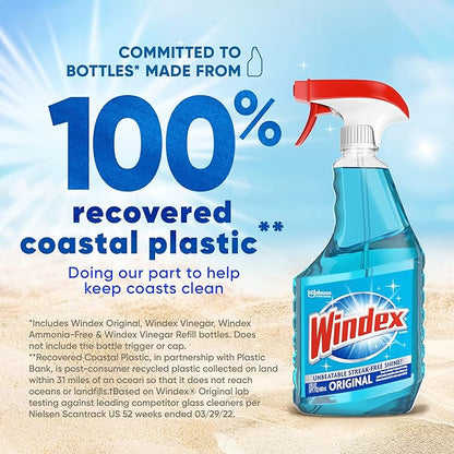 Windex Refill Glass and Window Cleaner Bottle, Bottle Made of 100% Recycled Plastic, Surface Cleaning Spray, Original Blue Scent, 2L (67.6 Fl Oz) (Pack of 6)