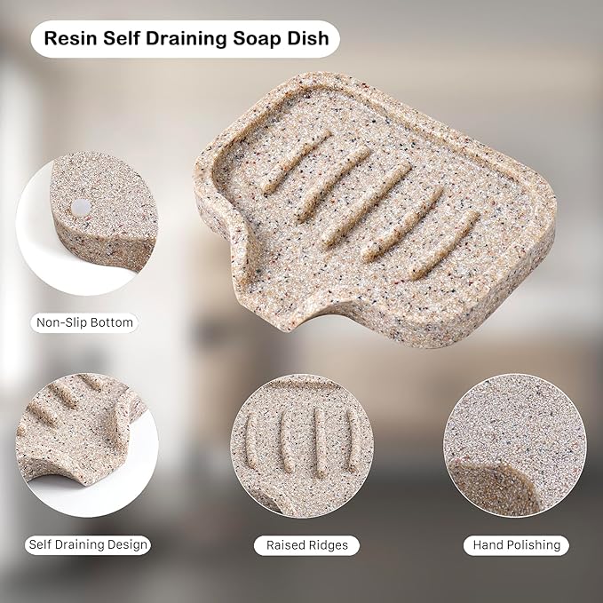 Self Draining Soap Dish for Shower and Bathroom Sink - Large Marble Resin Soap Holder with Drain, Non Slip Soap Tray for Bar Soap, Kitchen & Bathroom Counter
