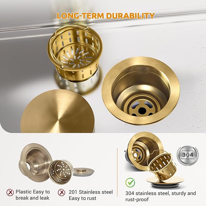 BOTEMY 3-1/2'' Kitchen Sink Drain Assembly Kit,Brass-Finish Sink Drain Strainer with Removable Deep Sink Strainer Basket and Sink Stopper Flat Cover Replacement for Standard Kitchen Sinks