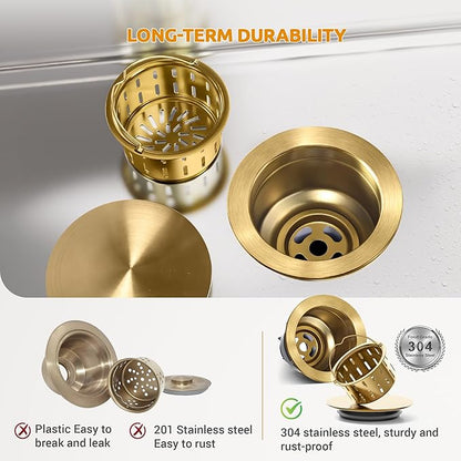 BOTEMY 3-1/2'' Kitchen Sink Drain Assembly Kit,Brass-Finish Sink Drain Strainer with Removable Deep Sink Strainer Basket and Sink Stopper Flat Cover Replacement for Standard Kitchen Sinks